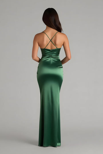Vert foncé spaghetti bretelles satin sirène longue robe de demoiselle d’honneur